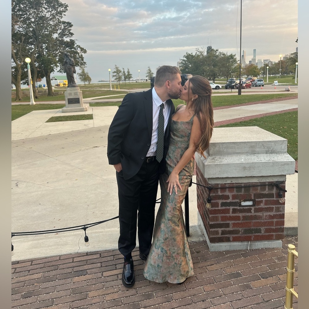 Azazie Green and Bronze Floral Satin Mermaid Gown - Never been worn